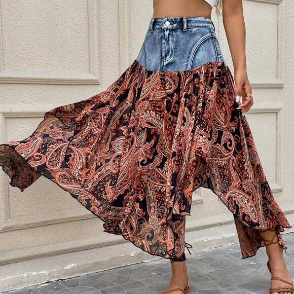 Medium Wash Boho Women's Denim Mid-Length Skirt - Picture 7 of 7